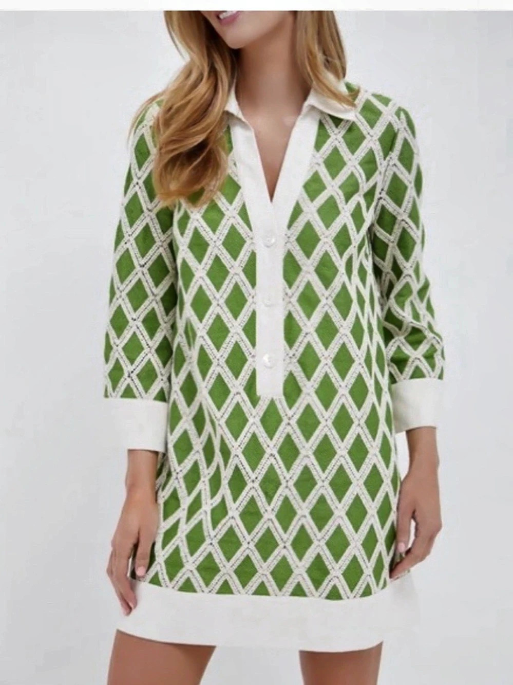 NWT Tuckernuck Crochet Collier Dress Geometric Mini Dress in Green & Cream